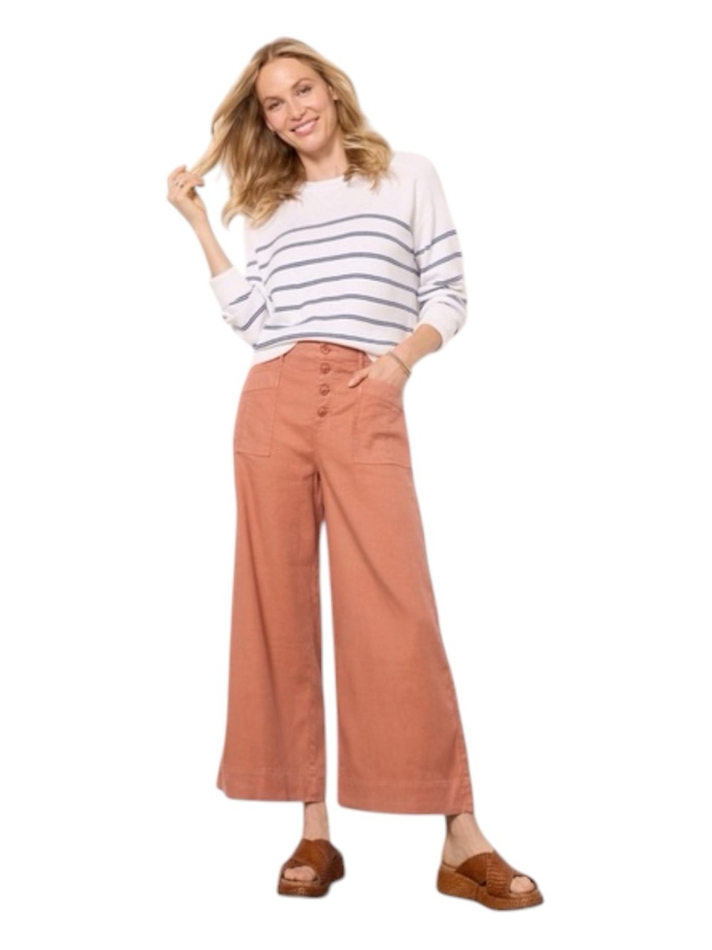 Evereve Joelle Wide Leg, Terra Cotta, Rust Button-Front Pants, Linen, Sz 0, W25